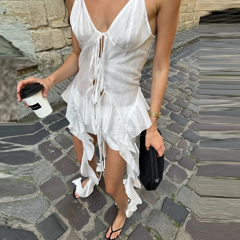 

Summer Sexy Halter Pure Color Slim Tank Tops Leisure Lady Sleeveless Hollow Out Commute Tops Trendy V-neck Irregular Ribbon Vest