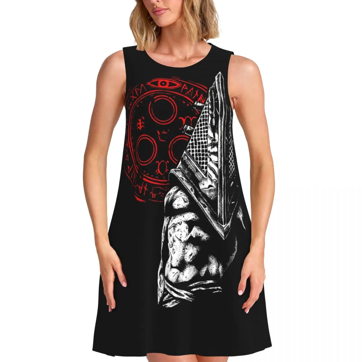 Vestido casual de verano sin mangas con cuello redondo y estampado de Chain Link y Fog Silent Hill para mujer, estilo holgado, tipo túnica de calle