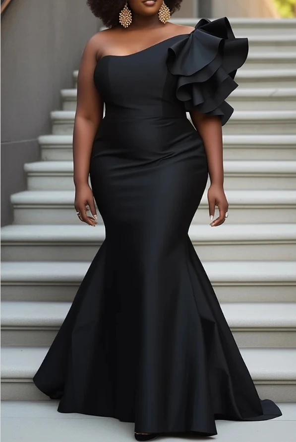 Design Plus Size Formal Black Elegant Oblique Collar Flutter Sleeve Ruffle Bodycon Satin Maxi Dresses