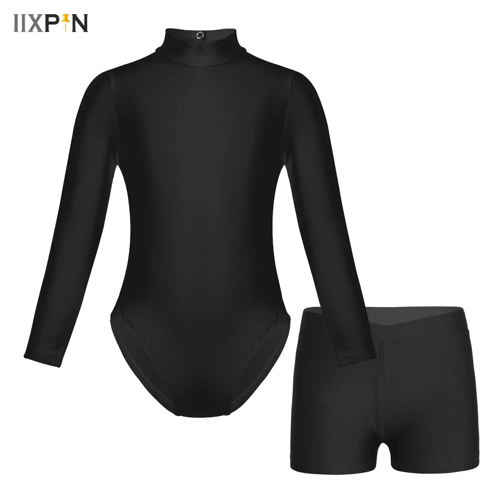 

2Pcs Kids Girls Ballet Dance Bodysuit Long Sleeves Mock Neck Leotard with V-front Waistband Shorts Outfit for Gymnastics Sports