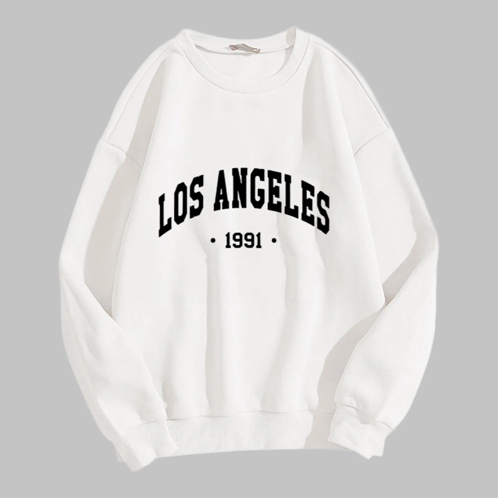 Y2k Clothes Los Angeles 1991 Hoodies Womens Oversized Round Neck Long Sleeves Hoodie Solid Drop Shoulder Pullover Sweatshirts