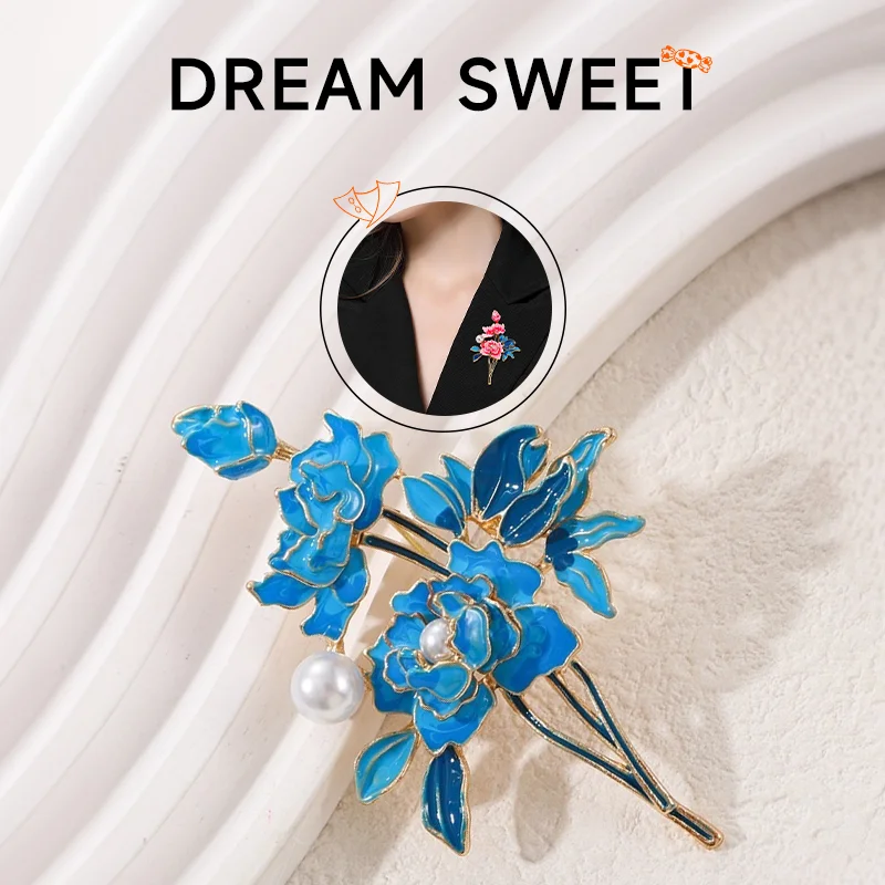 Chinese Style Purple Peony Flower Brooch For Women Dainty Plant Pearl Shiny Rhinestone Pins Party Office Wedding Corsage Jewelry