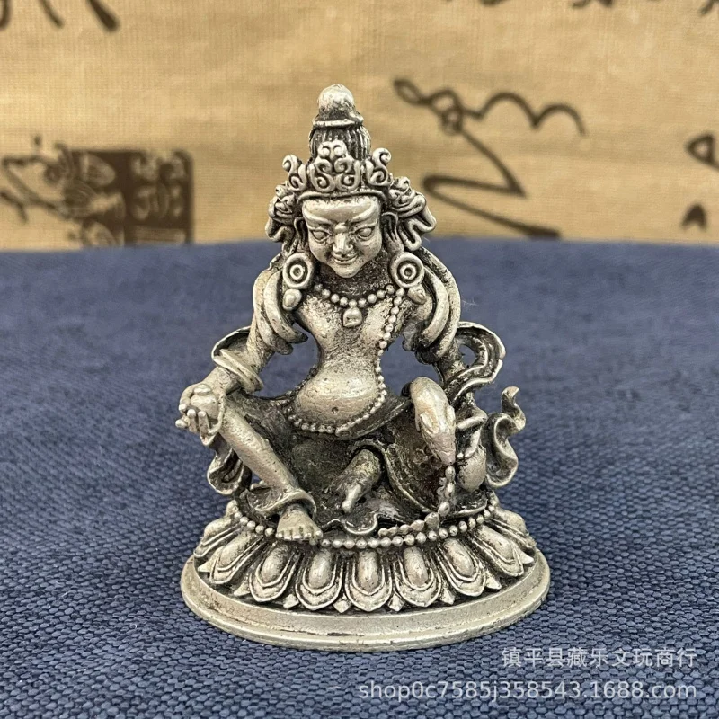 Antique Tibetan-style small, silver-plated white copper mini Buddha statue, Guanyin, Tathagata