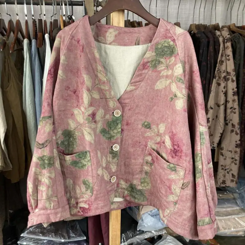 

New Spring Arts Style Women Batwing Sleeve V-neck Short Coats Double Pockets Vintage Print Cotton Linen Jacket Top Quality T124