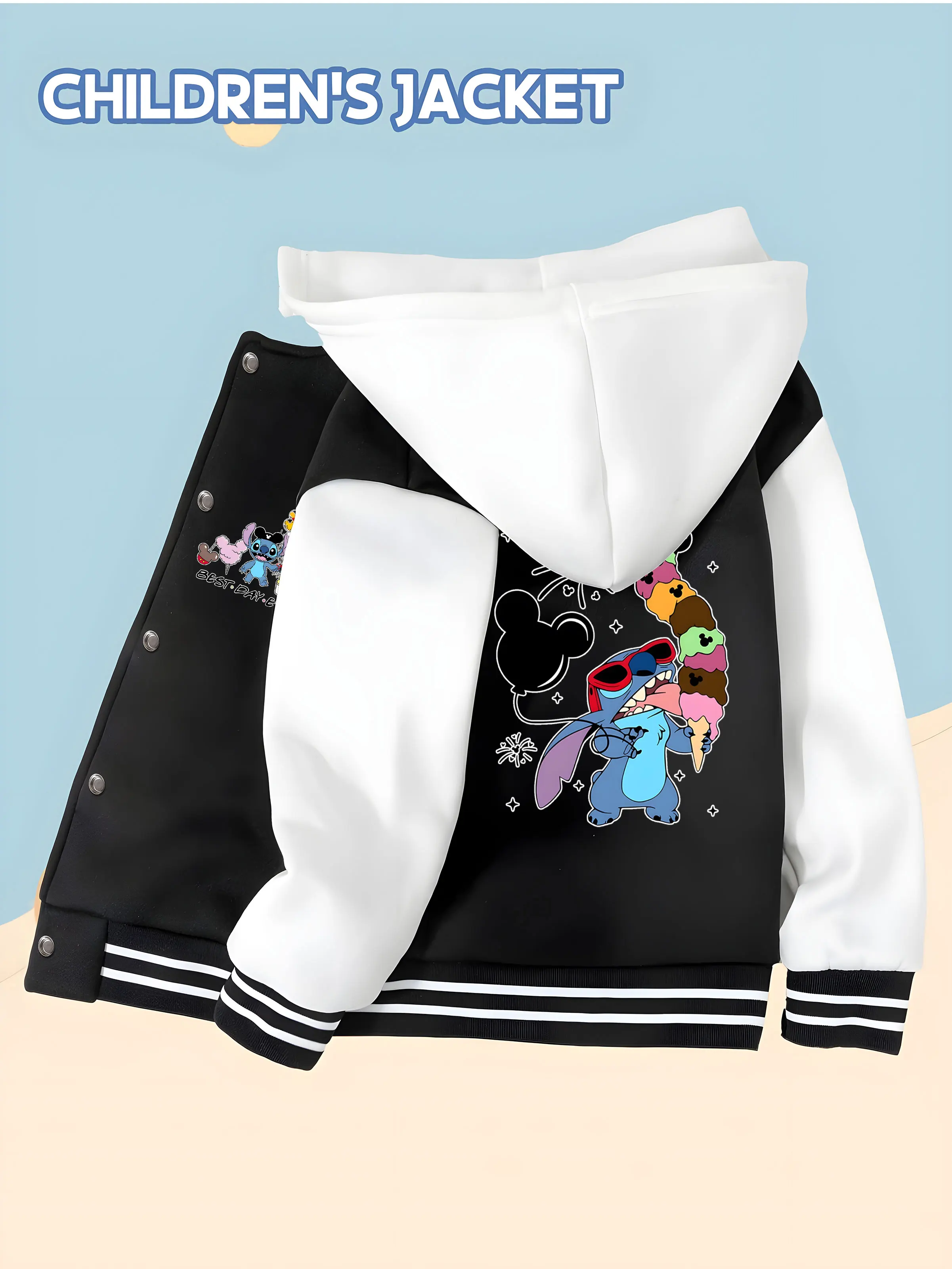 سترة بيسبول MINISO Disney Stitch and Friends للأولاد - ستيتش تحمل طباعة آيس كريم ممتعة، ملابس يومية عصرية