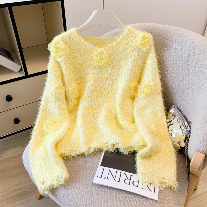 

Зима, Корейский,Стиль,Свободный,Свитер,Мода,Сексуальный,Шискусственный норковый флис,3D,Роза,В-образный вырез,Женский,Длинный рукав,Длинный рукав,Джемпер,Топы,92303