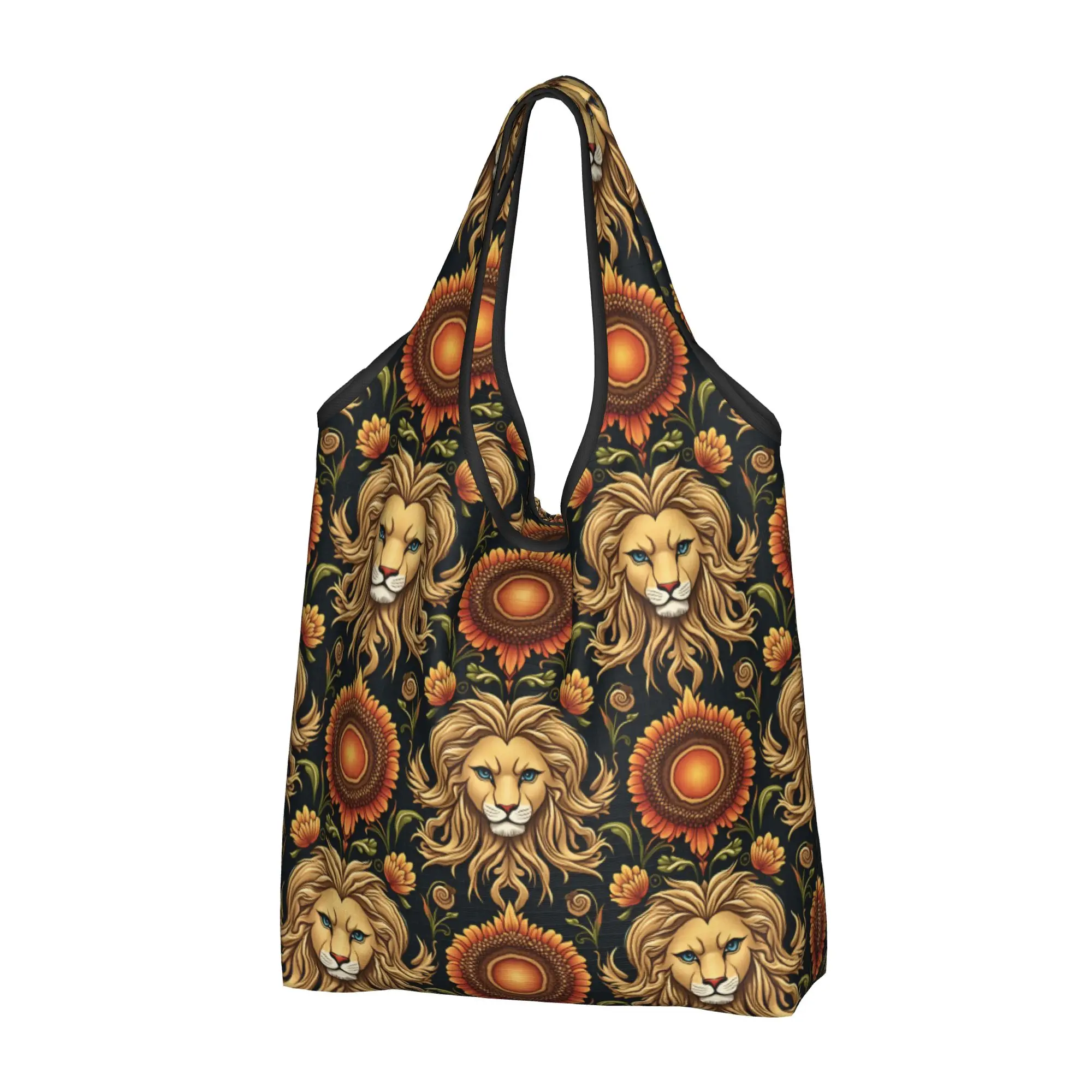 Custom Lion Sunflower  Shopping Bags Women Portable Big Capacity Groceries Wildlife African  Tote Shopper Bags
