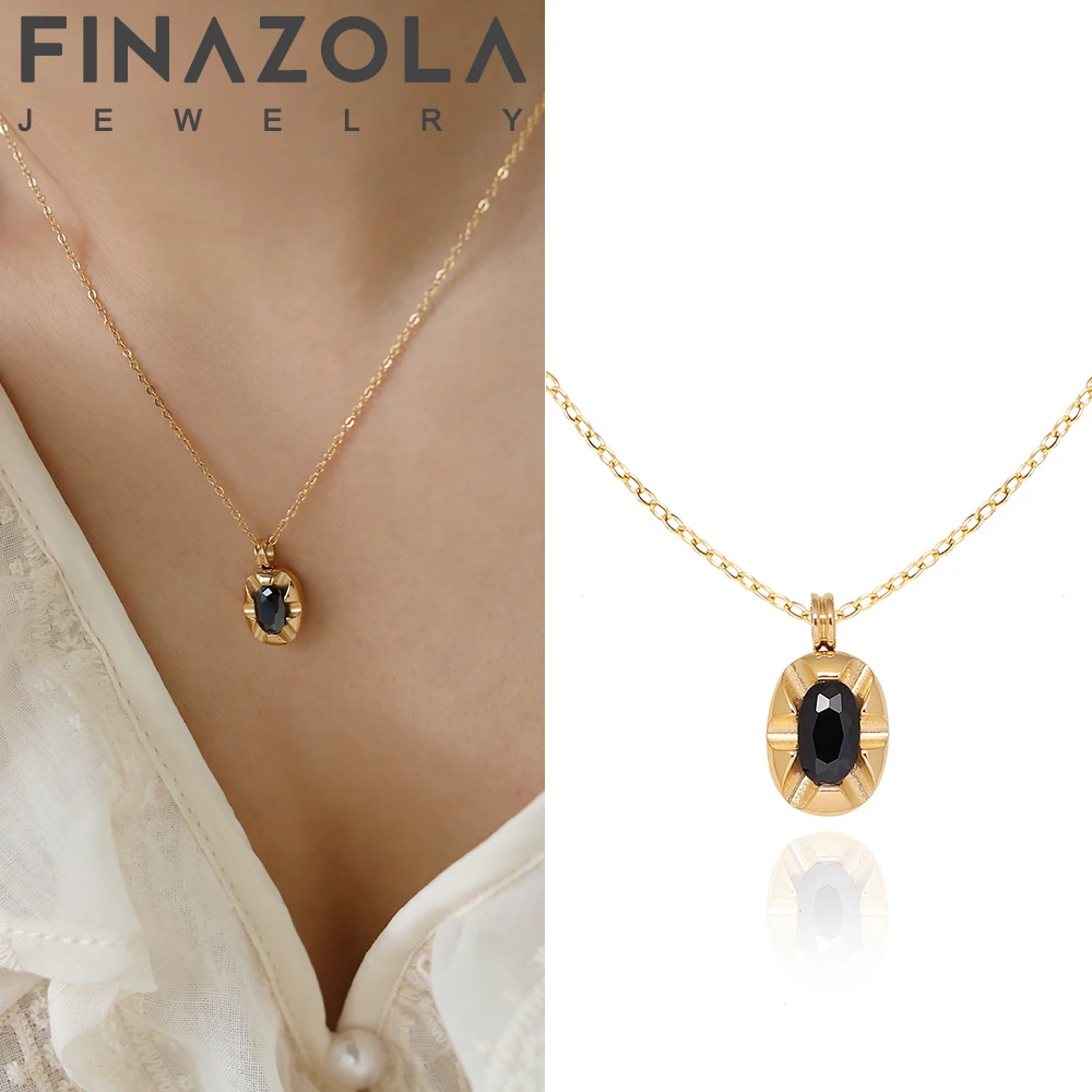 

FINAZOLA French Elegance Black Zircon Women Necklace Fadeless Vintage Oval Court Style Pendant Necklace Trendy Jewelry