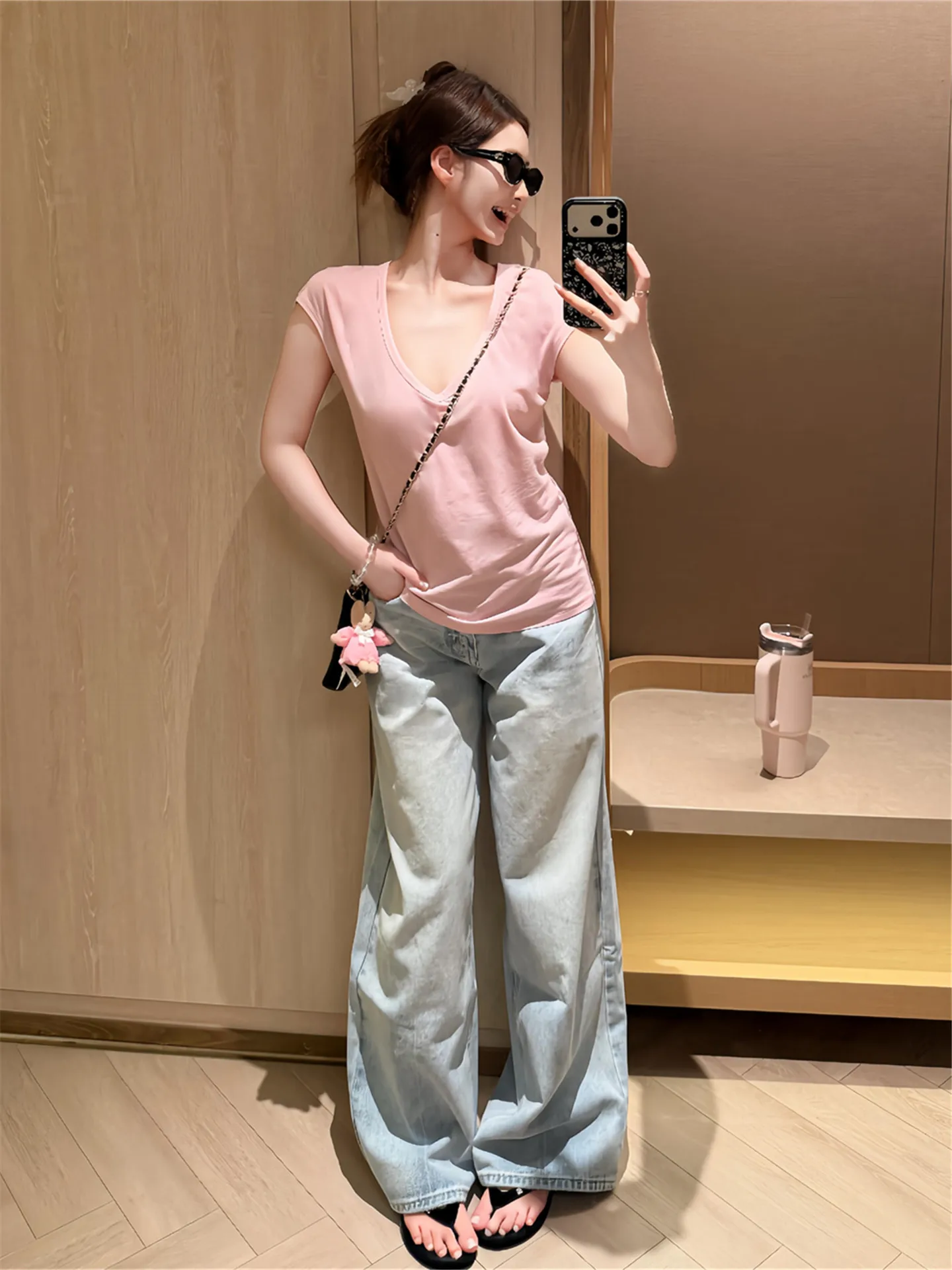 

Washed Light Blue American High Street Wide Leg Jeans Women's Spring Summer Loose Slimming Extended Straight Cut Trousers