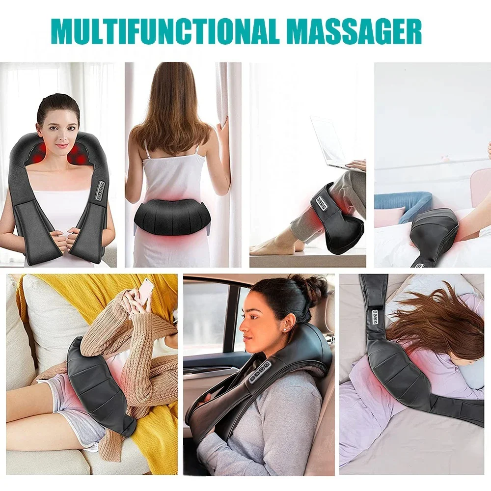Masajeador Shiatsu de cuello y hombros, masajeador de espalda calentado en forma de U, almohada de masaje eléctrico de amasado