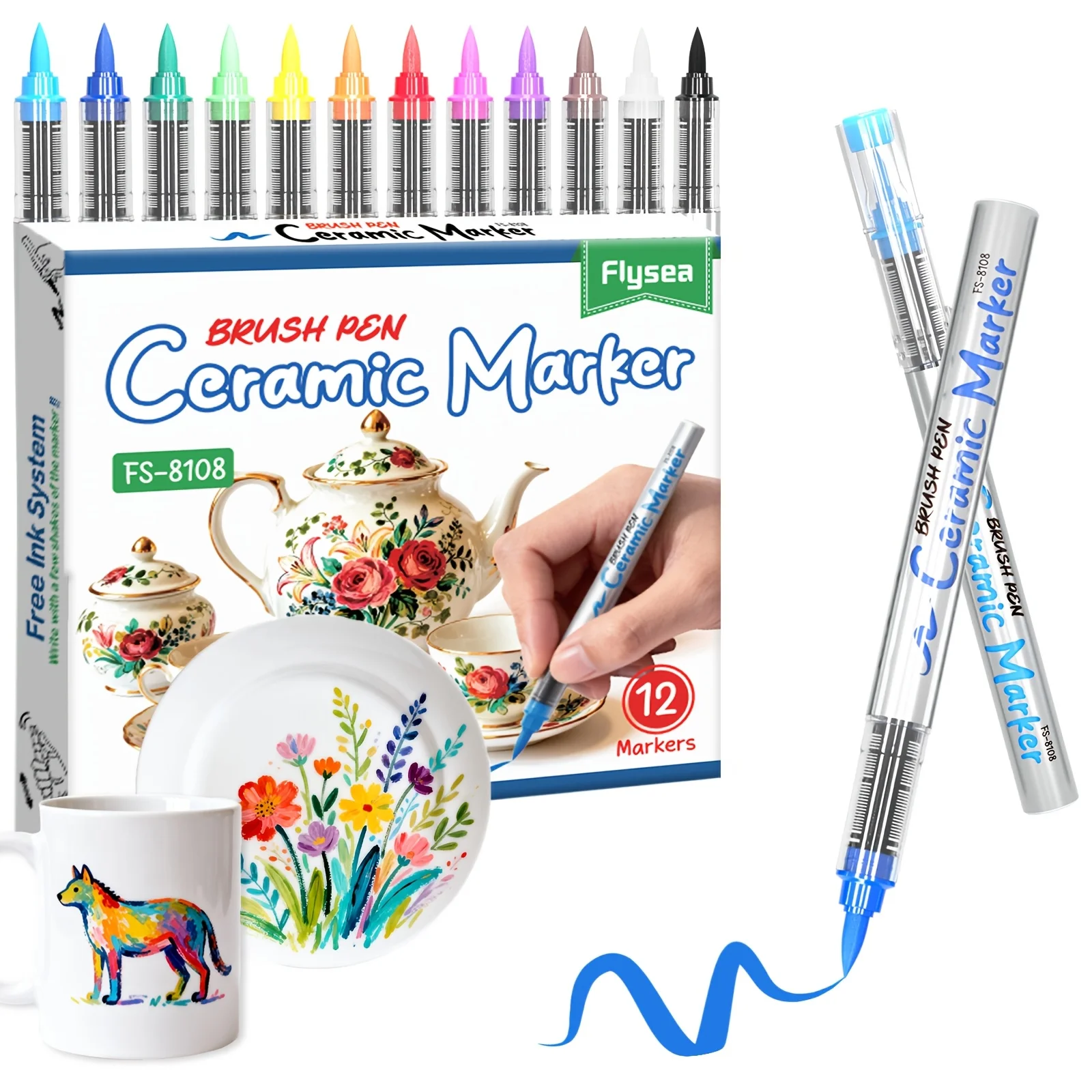 Flysea Ceramic Painting Pen Set, with 1-8mm Adjustable Brush Tips, Suitable for Unfired Ceramics and Professional Art creation