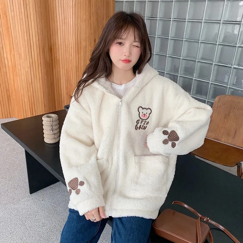 

Imitation Lamb Hoodie Womens Loose Korean Plus Velvet Thick Cardigan Coat Women 2022 Autumn Winter New Fashion Plush Bear Jacket