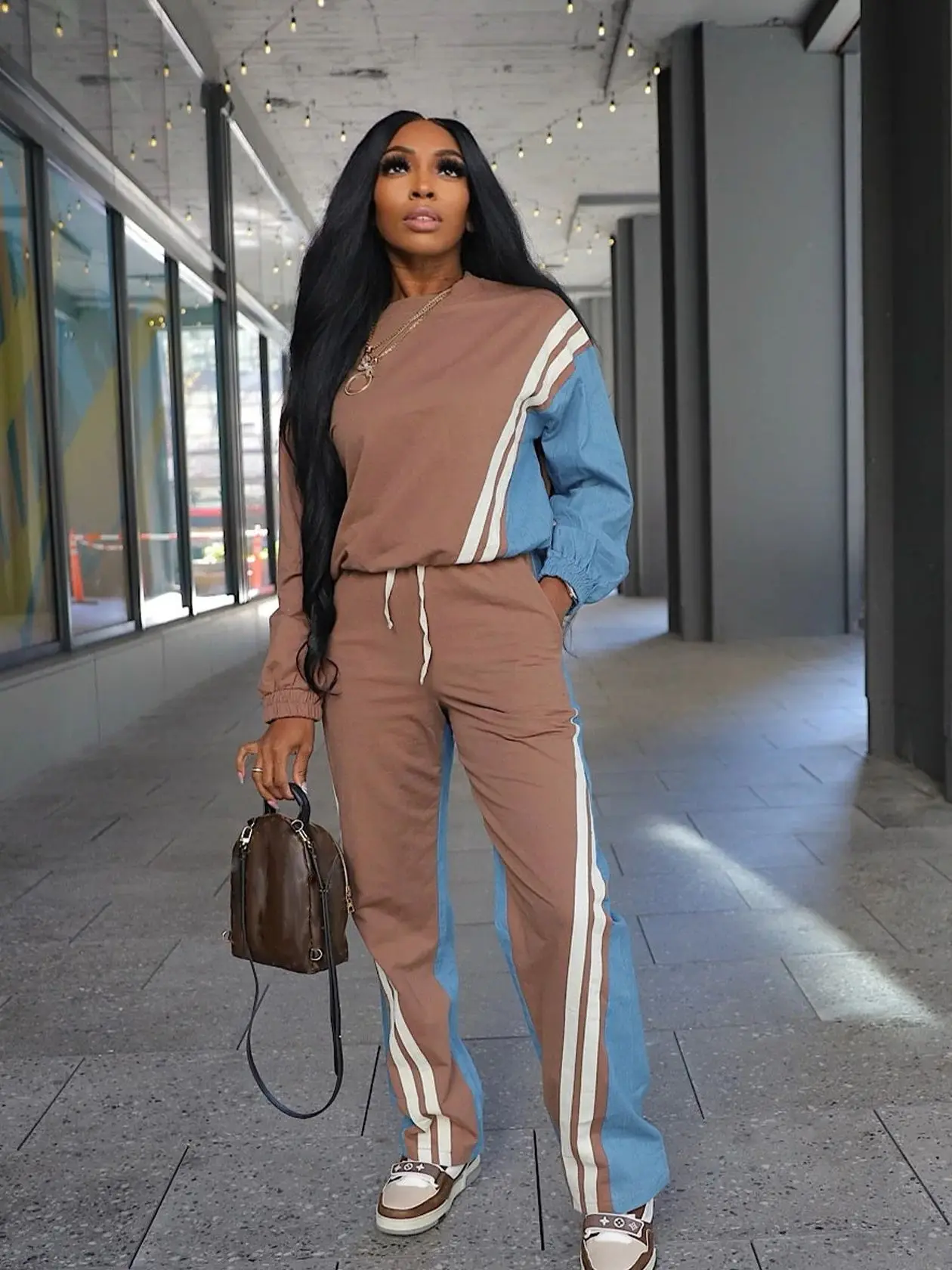 Weird Puss Herbst Trend 2-teiliges Set Damen Streifen Patchwork Vollarm Pullover + Kordelzug Hose Lässiger sportlicher Straßentrainingspak