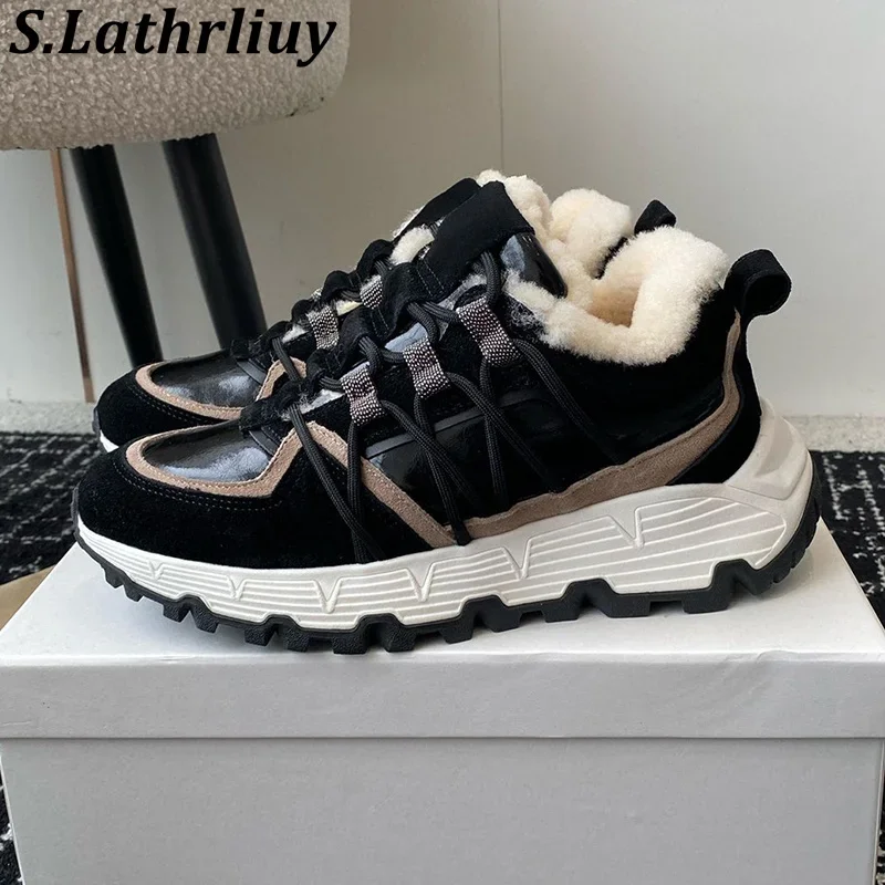 Women's Mixed Color Patchwork Thick Bottom Sneakers Round Toe Lace Up Flat Shoes Autumn Winter Warm Wool Lining Casual Shoes