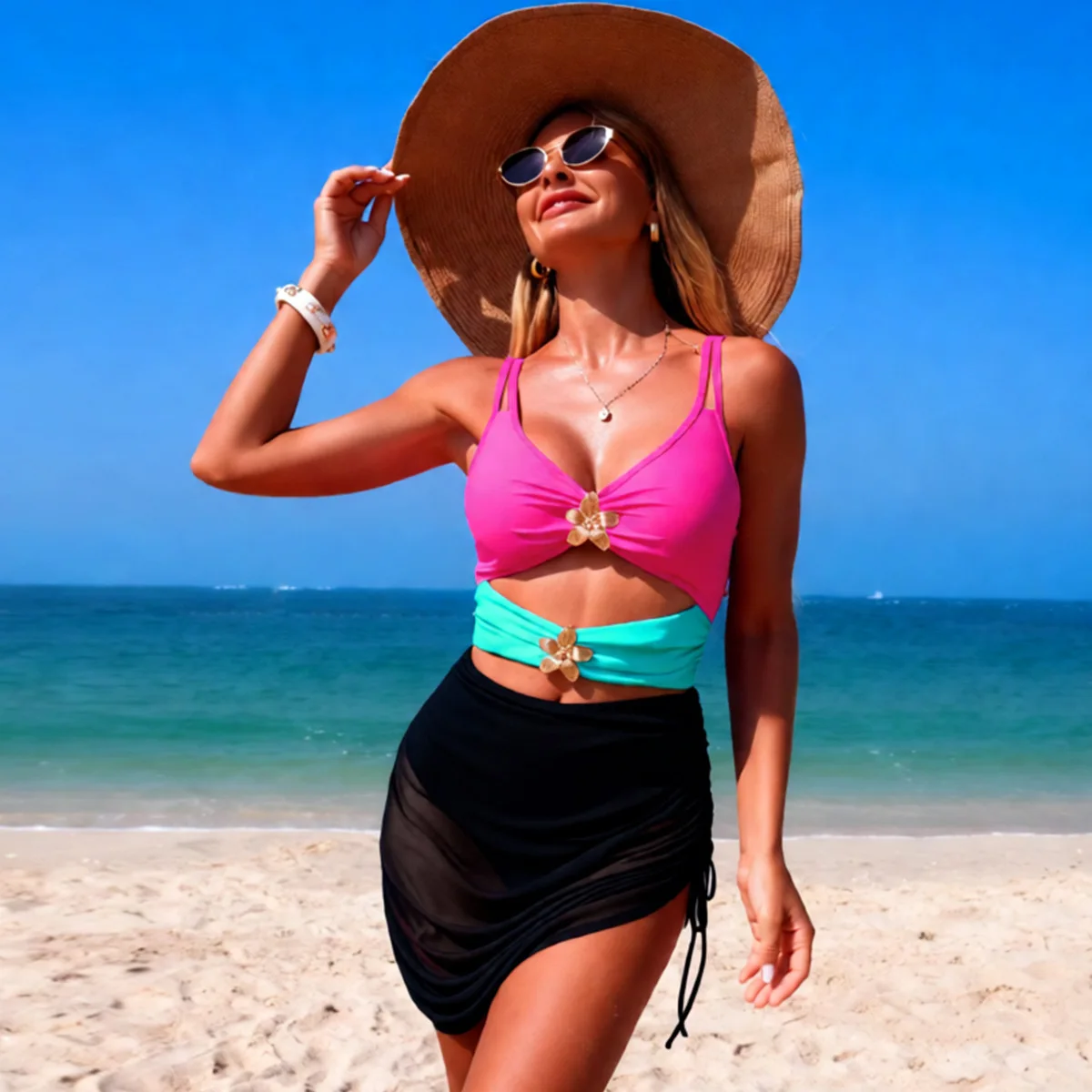 

2026 New Sexy One Piece Swimsuit For Women Patchwork Swimwear Hollow Out Bathing Suit Skirt Swimming Suit For Women Beachwear