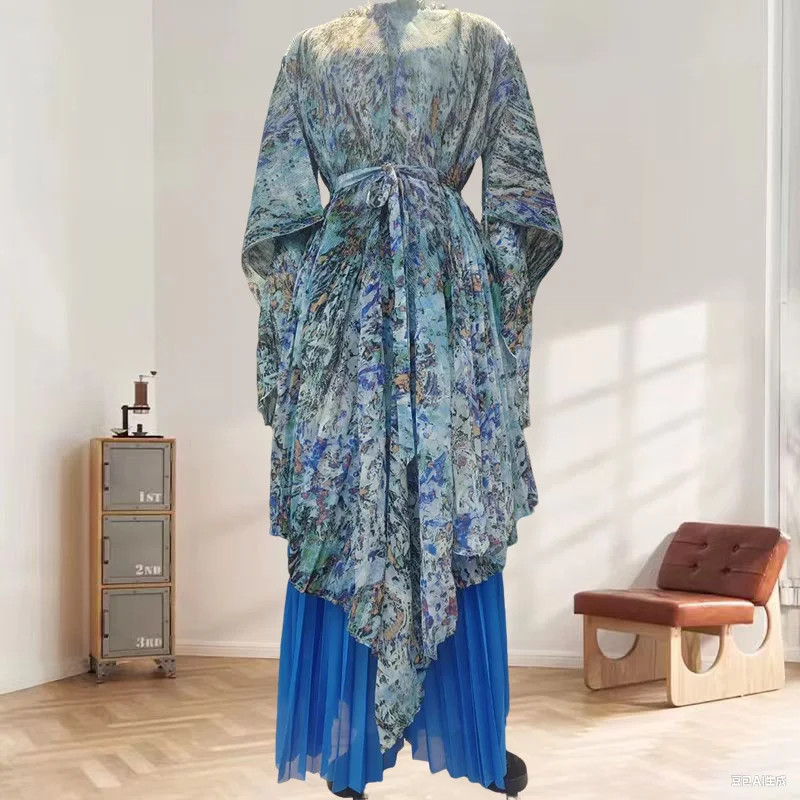 

Miyake Pleated Pants Set 2025 Summer New Evening Dress Loose 2-piece Loose Large Size Print Design Top Wide Leg Trouser Set