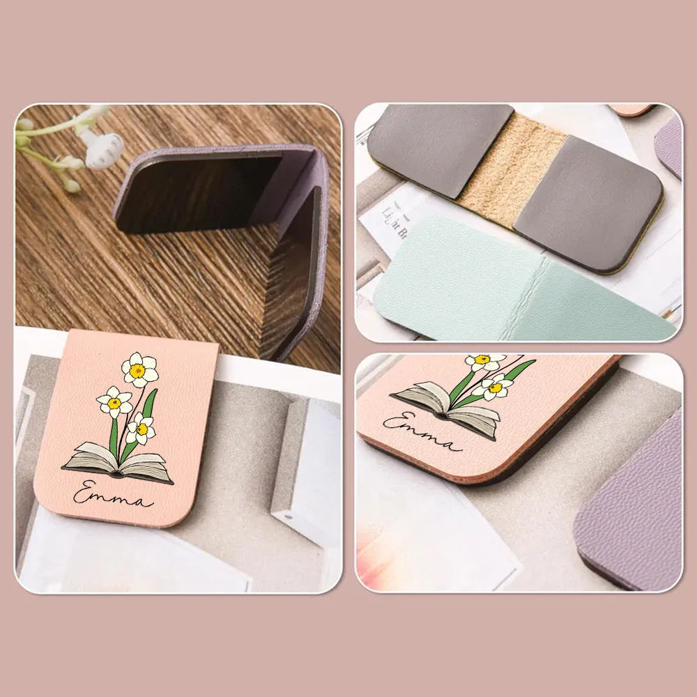 1 قطعة إشارة مرجعية اسم مع زهرة الشهر ، إشارة مرجعية مخصصة من الجلد لشهر زهرة الشهر ، إشارة مرجعية مغناطيسية شخصية ، هدية عيد ميلاد لمحبي الكتب