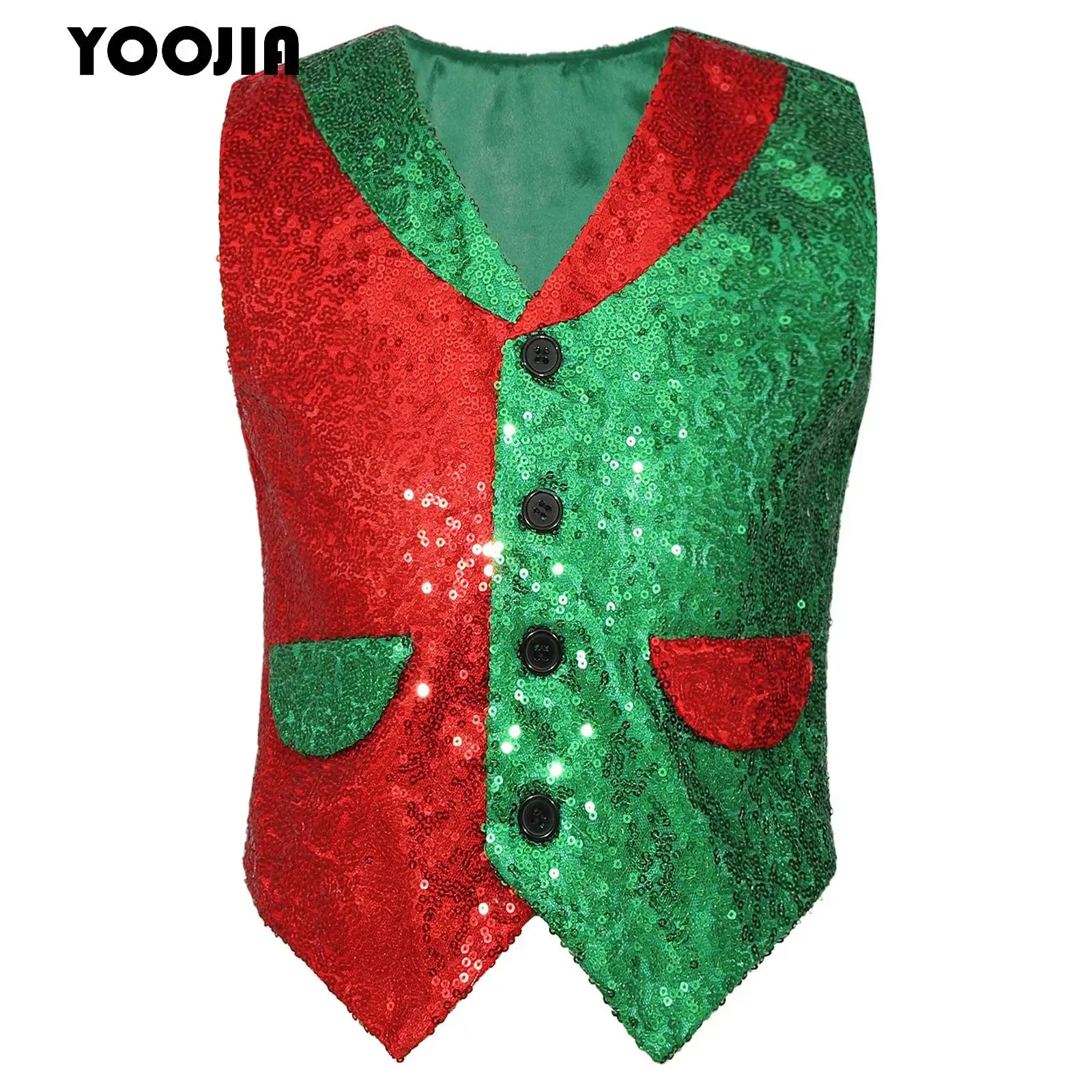 

Boys Girls Christmas Candy Cane Striped Jazz Hip Hop Dance Performance Waistcoat Sequined Dance Vest Santa Claus Cosplay Top