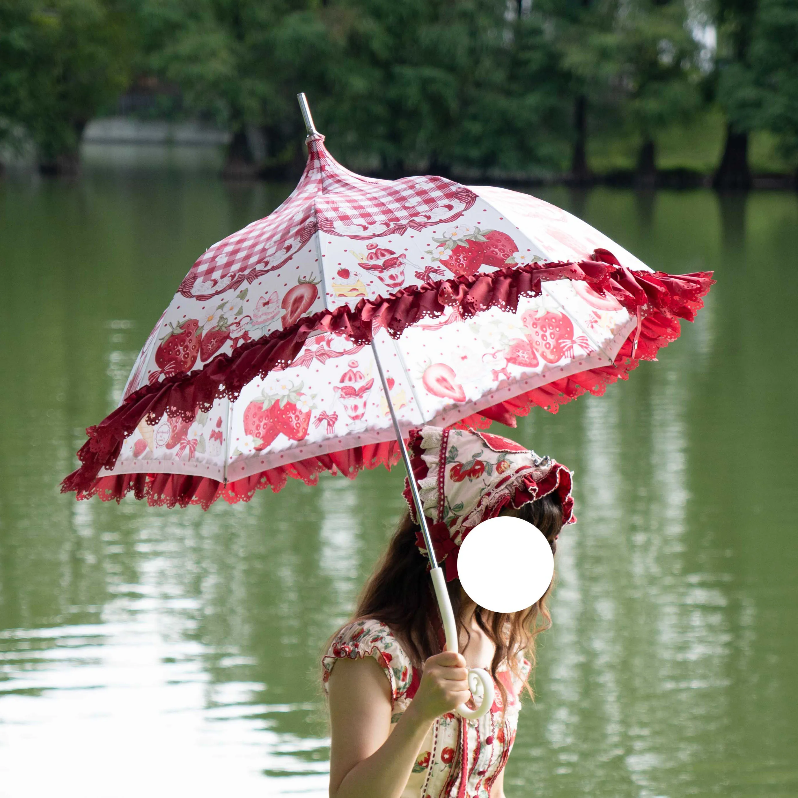 Long Handle Pagoda Decor Parasol, Manual Strawberry Printed Umbrella, Rain & Sun Dual Use