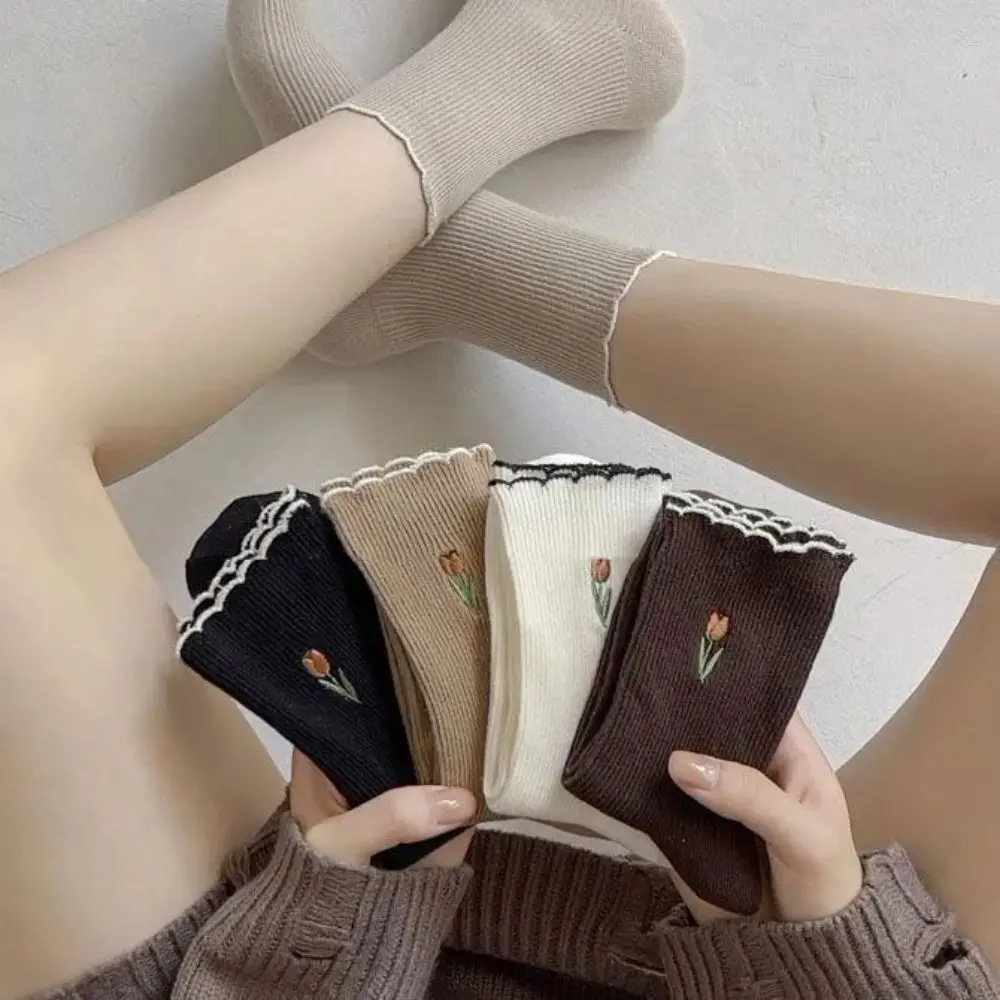 

5 пар женских носков с цветочной вышивкой-тюльпаном и цветочной вышивкой, однотонные женские носки средней длины с рюшами в стиле ретро
