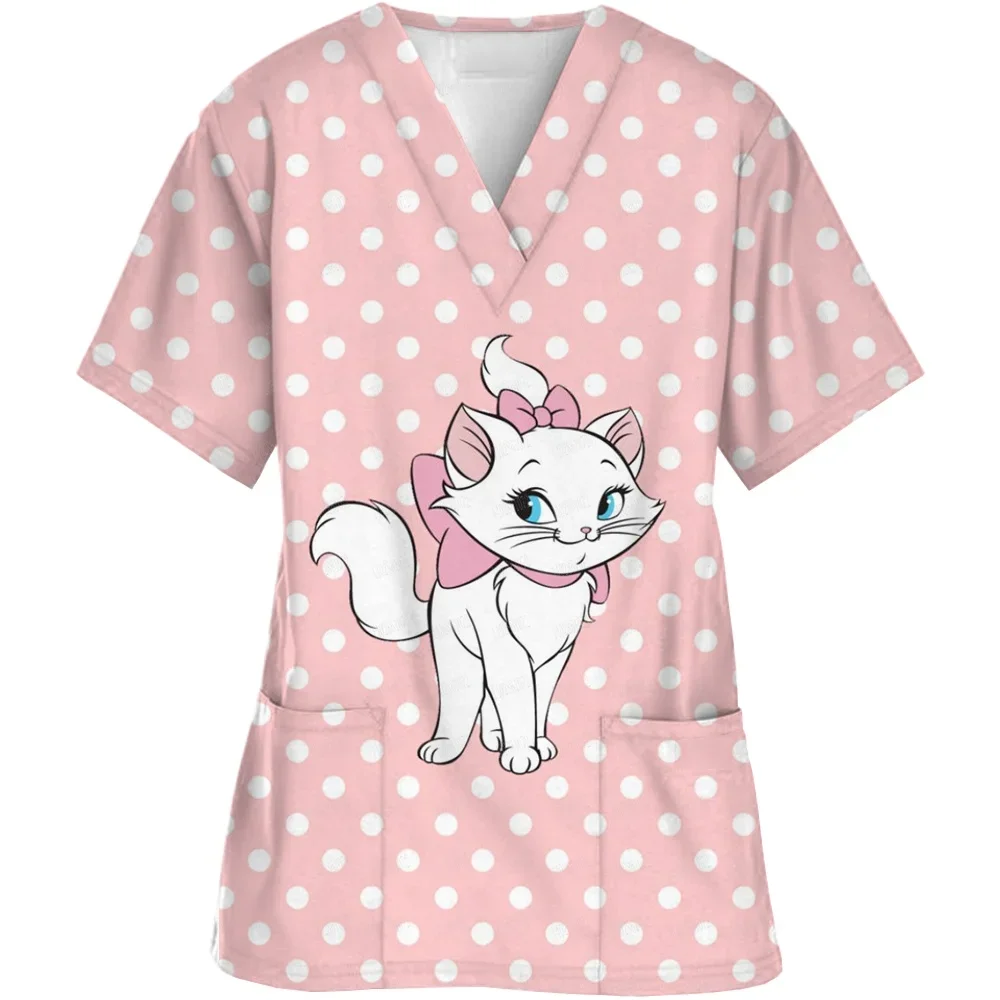 New Summer Disney Pet Mary Cat Pink Print Top Nurse Suit V-neck Pocket Top Girl Cute Pet Print Top Activity Laboratory  Cloth