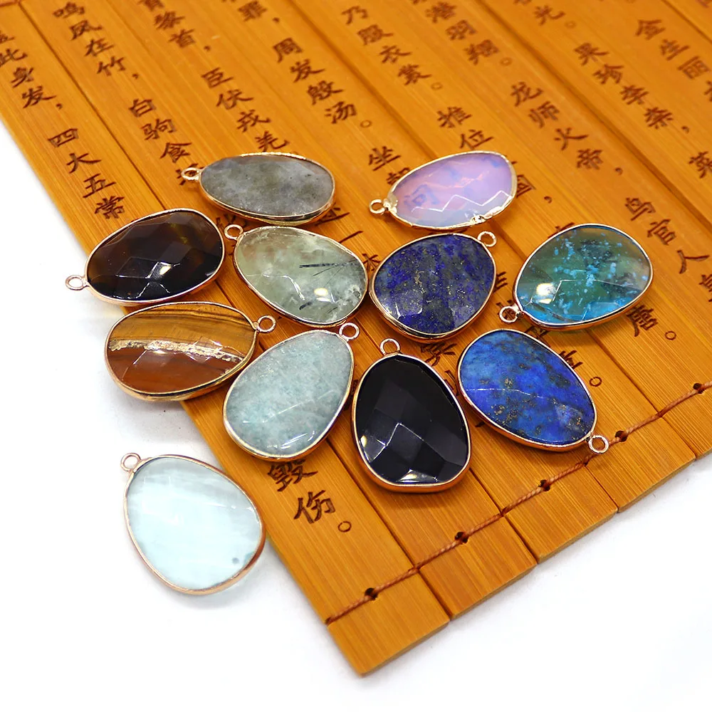 Minimalist Exquisite Polished Oval Teardrop-Shaped Pendants Natural Stone Crystal Electroplated Edging Single Hole DIY Accessory