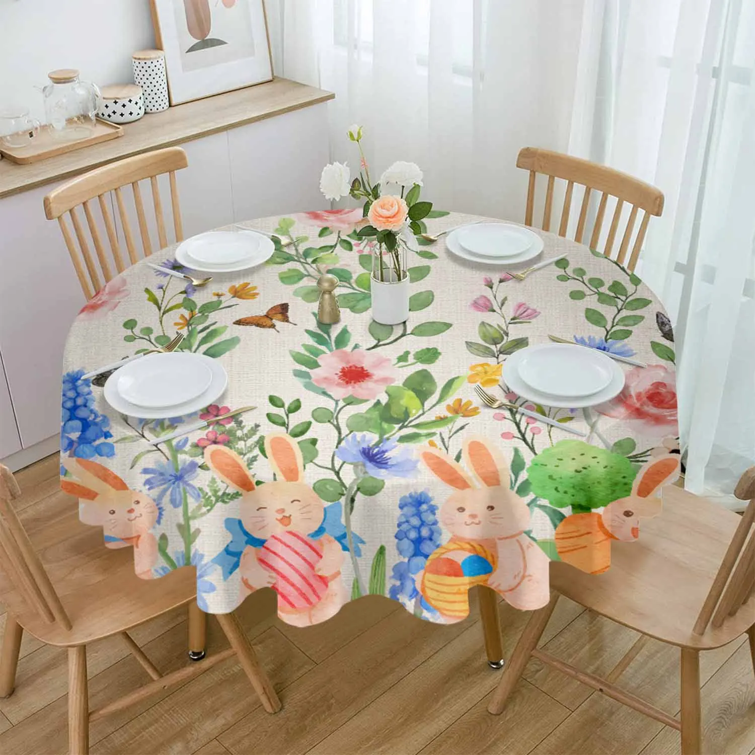 Watercolor Rabbit Easter Waterproof Tablecloth Table Decoration Wedding Home Kitchen Dining Room Round Table