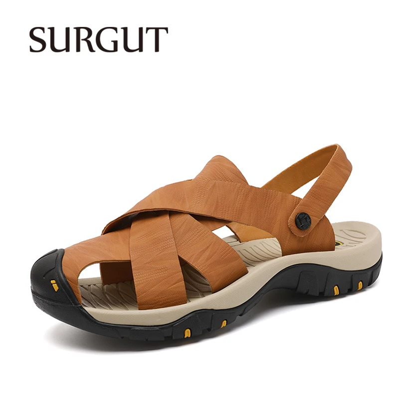 SURGUT Summer Men's Sandals Modern Streamlined Appearance Wear Resistant Microfiber Anti Collision Daily Shoes Plus Size 38-48