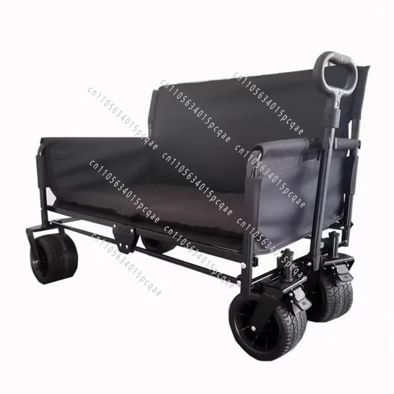 Foldable Beach Wagon with Large Wheels, Push Handle and Beverage Rack for Camping Garden Cargo