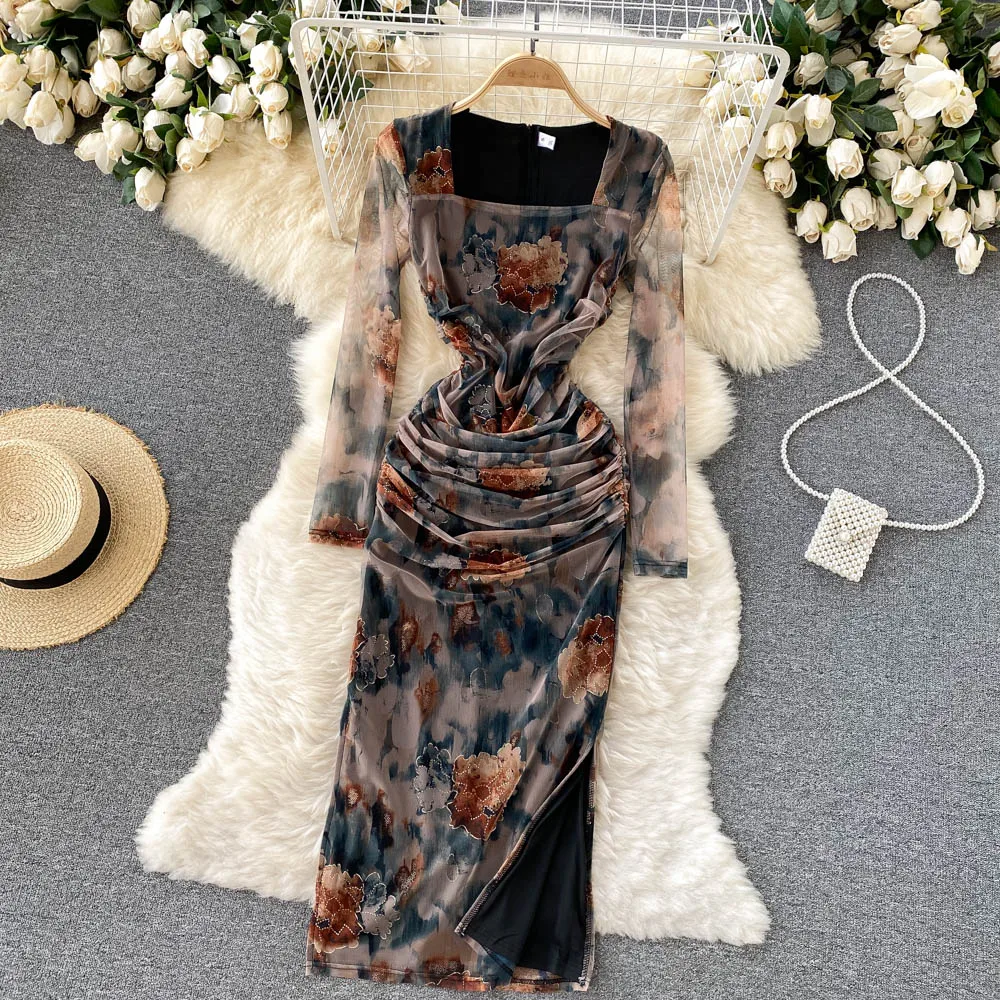 ชุดยาวผู้หญิงดอกไม้พิมพ์ชุดเดรสแยกพับสแควร์ SLIM FIT ตาข่าย Maxi ชุดหญิง VINTAGE Vestidos 2025