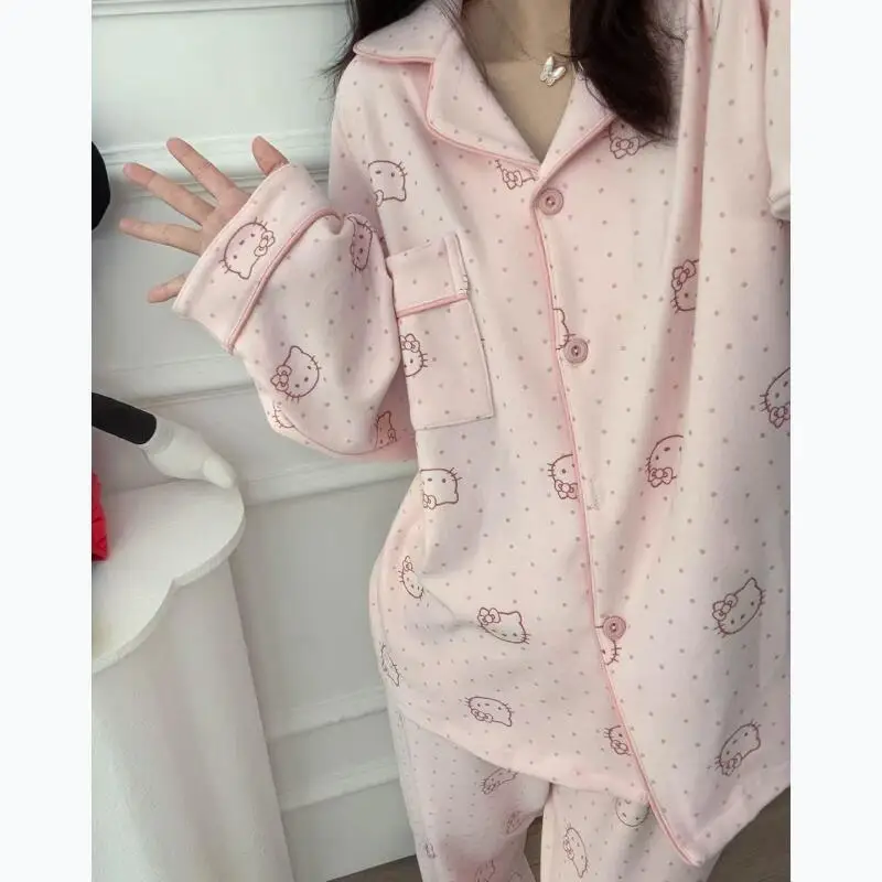

Sanrio Hello Kitty Student Pajamas Kawaii Cartoon Young Girl Winter Keep Warm Long Sleeves Long Pants De Rong Lapel Homewear Set