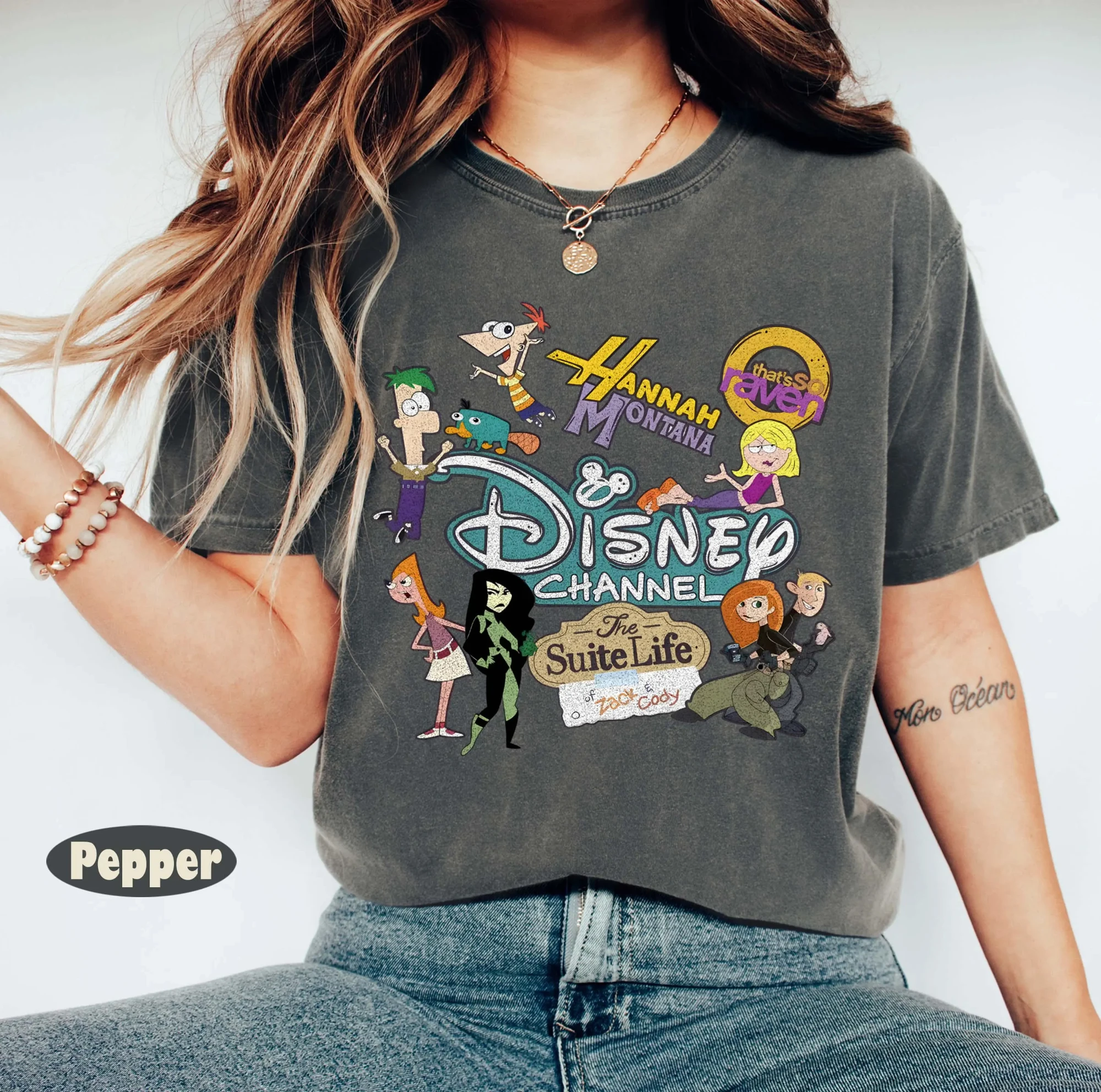 Personajes animados de Disney Channel Hannah Montana Lizzie Maguire, camisetas Phineas Faber, camisetas Dream Come True, Disney Journey