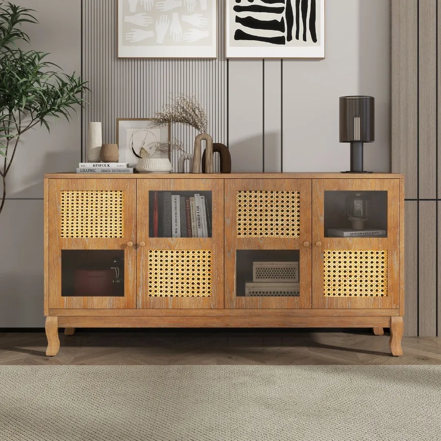 

Retro 4Door Sideboard with Large Storage Space Artificial Rattan Doors and Transparent Glass Accent Cabinet for Entryway Dining