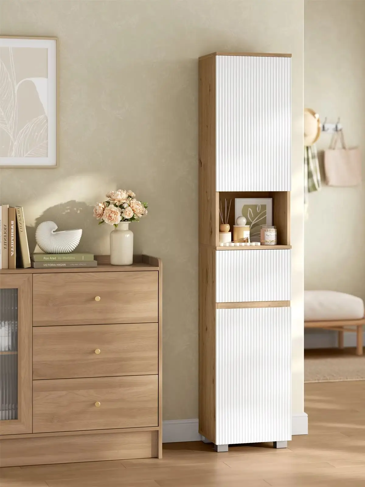 EUGAD Badezimmerschrank mit 2 Türen, 1 Offenem Fach, Verstellbaren Regalen, Schmal und Hoch, für Badezimmer, Wohnzimmer, Küche