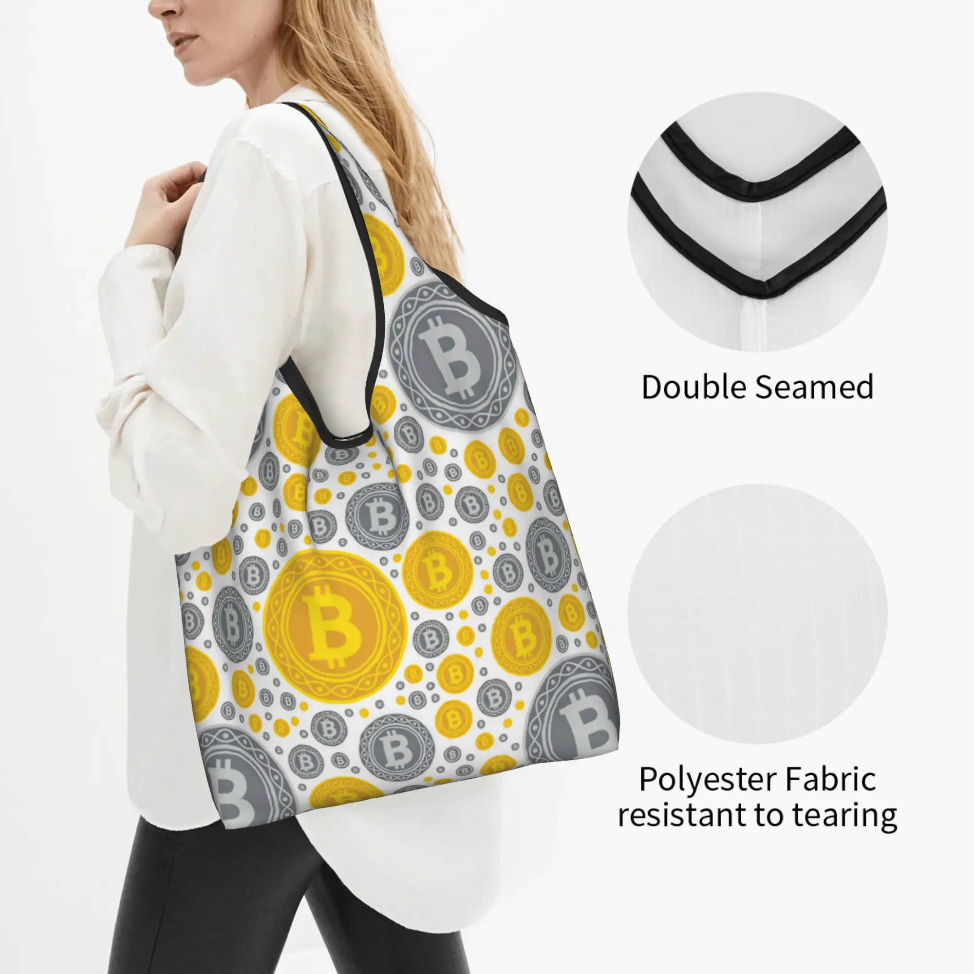 Custom Crypto Virtual Currency Bitcoin Shopping Bag Women Portable Big Capacity Groceries  Shopper Tote Bags