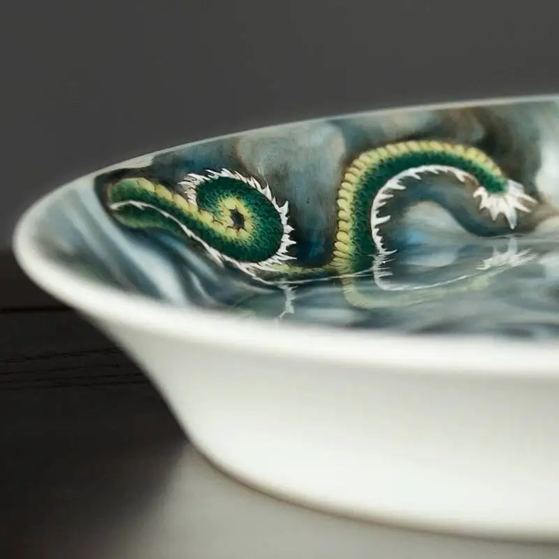 Holy Mountain Jingdezhen Ceramic Set With Hand-Painted Pastel Blue Dragon Soaring Over The Sea Teapot And Tea Tray