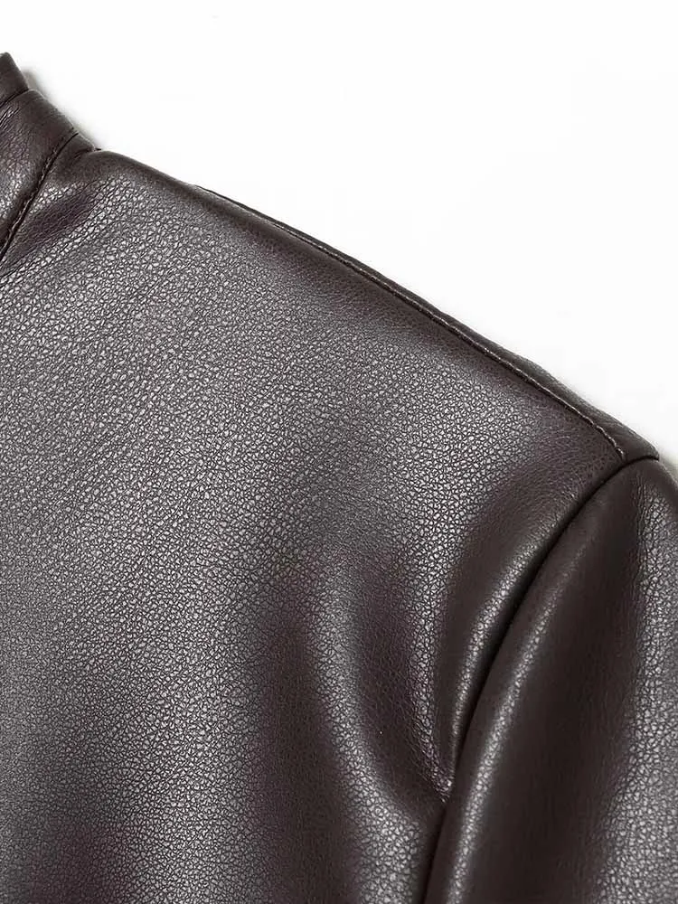 فستان قصير من الجلد الصناعي على الطراز الأوروبي والأمريكي للخريف/الشتاء وصل حديثًا برقبة دائرية وأكمام قصيرة #5