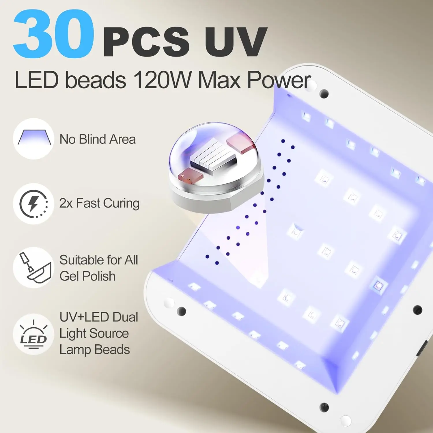 UV LED ネイルランプ 120W、ノブ付き高速硬化ジェルネイルドライヤー、コードレス、グレー