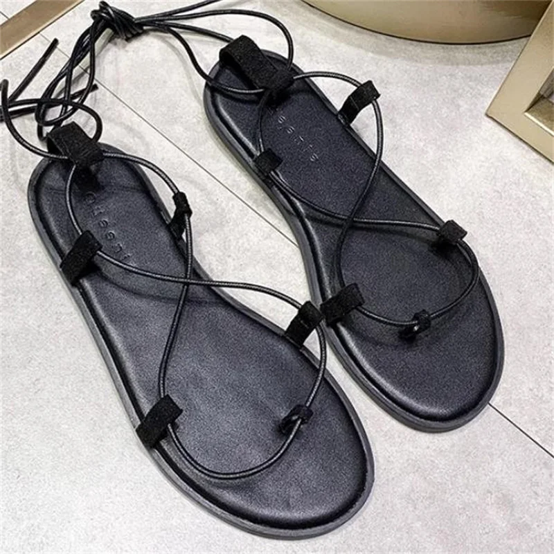 Gladiator Shoes for Womens Round Toes Flat Heels Crossover Strap Female Sandals Hollow Flip-flops Chassure Femme Solid Zapatos