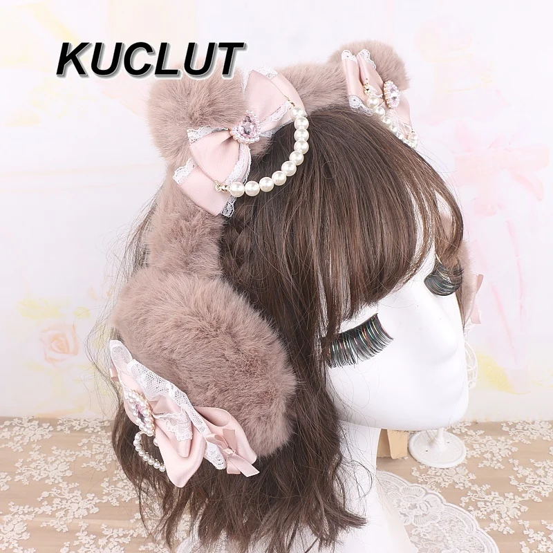 الأصلي لطيف المستوردة مقوس دانتيل آذان دافئة مطرز أفخم الأذن يفشل موضة لوليتا النمط الياباني الشتاء غطاء للأذنين للنساء