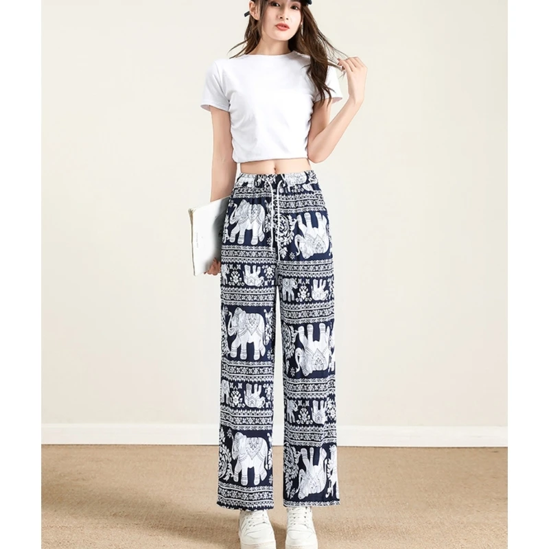 Summer Palazzo Pants with Pockets for Women Drawstring High Waisted Wide Leg Bohemian Elephant Printed Lounge Trousers