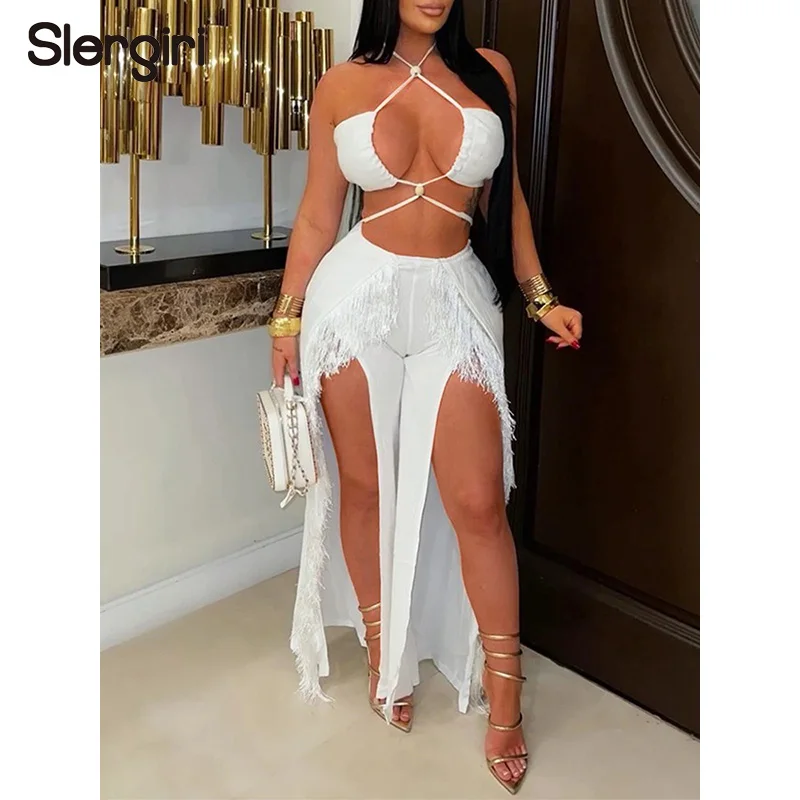 Slergiri Sexy Club Party Backless Cami Top + High Slit Tassel Pants Women Fashion New 2026 Summer Beach Vacation 2 Pieces Set