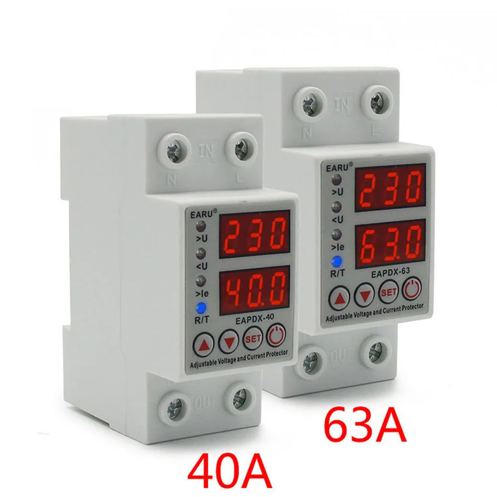 

220V Din Rail Adjustable Over Voltage and Under Voltage Protective Device 40A/63A ​Overcurrent Protector Reset Switch