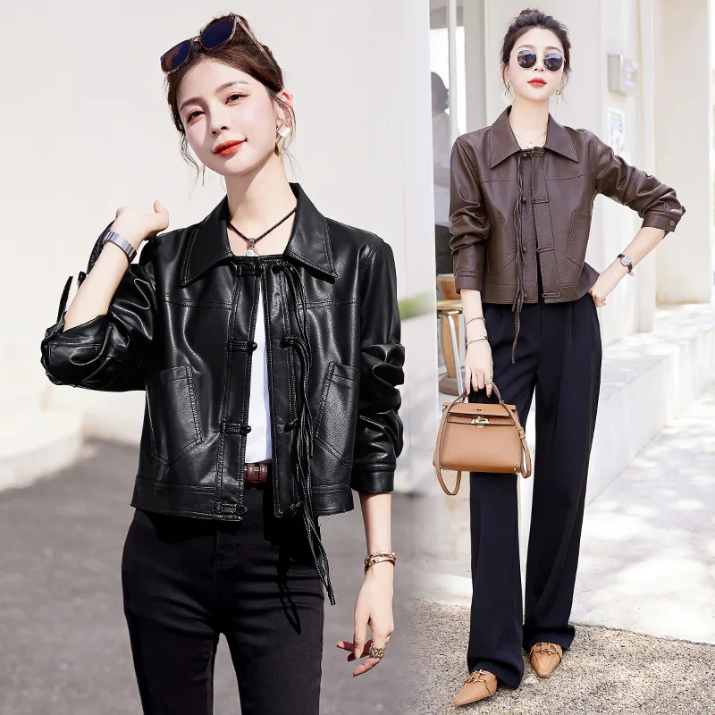 Spring and Autumn Sheepskin Leather Coat for Women 2024 New Loose and Casual Chinese Style Pan Button Leather Jacket Top