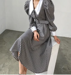 Elegant Korean Autumn Plaid Lapel Neck A Line Dress Chic Women Peter Pan Collar Puff Sleeve Pearls Button Belt Long Vestidos