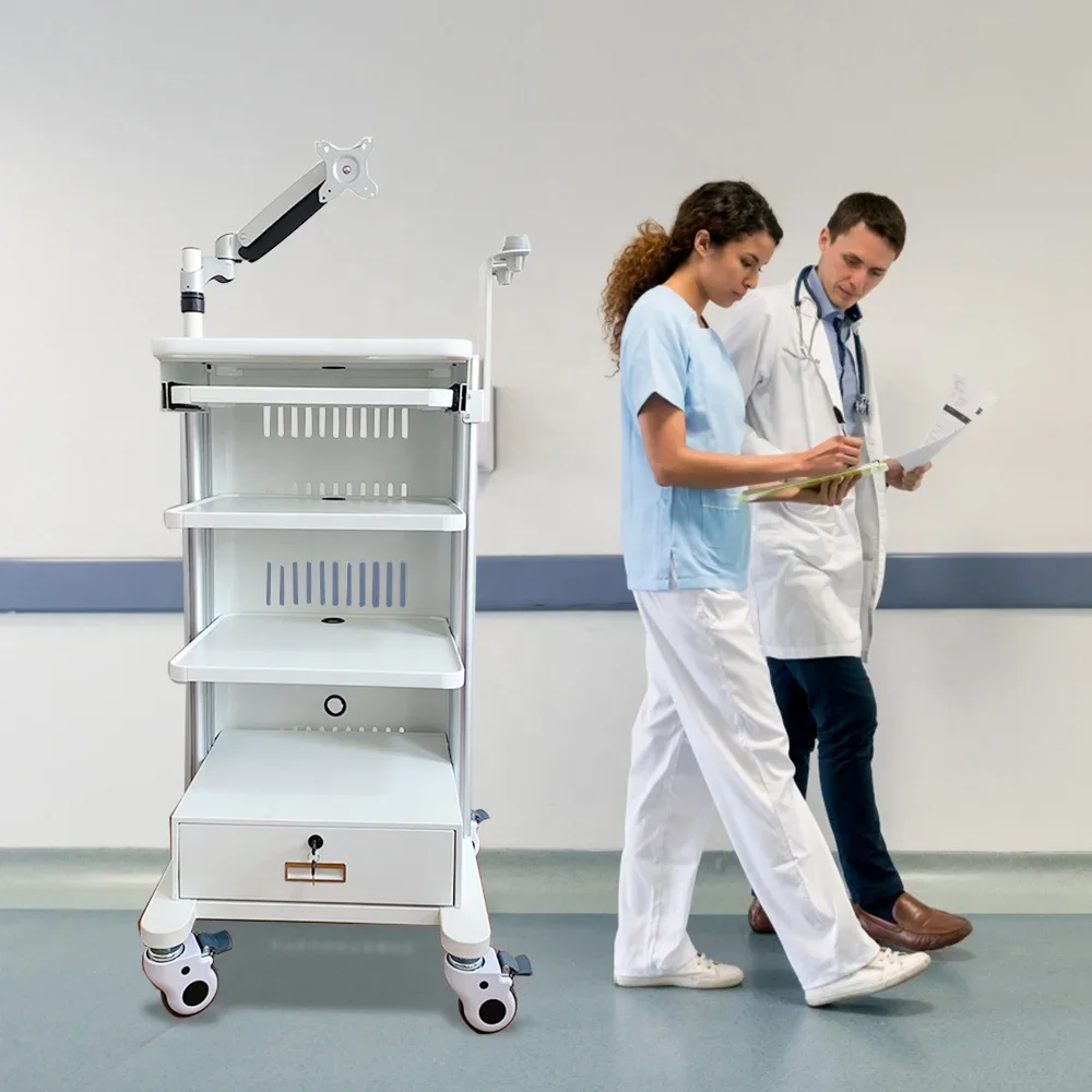 Hot Sale ABS Plastic Hospital Mobile Workstation Cart  Mount 4-layers Storage Platform Medical Endoscope Trolley