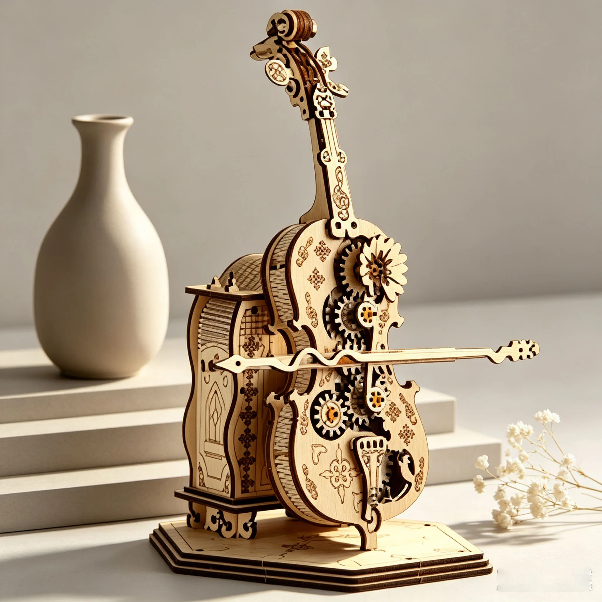3D Mechanical Cello Music Box, Wooden Jigsaw Puzzle, DIY Assembly Kit, Festive Commemorative Gift, The Best Christmas Present