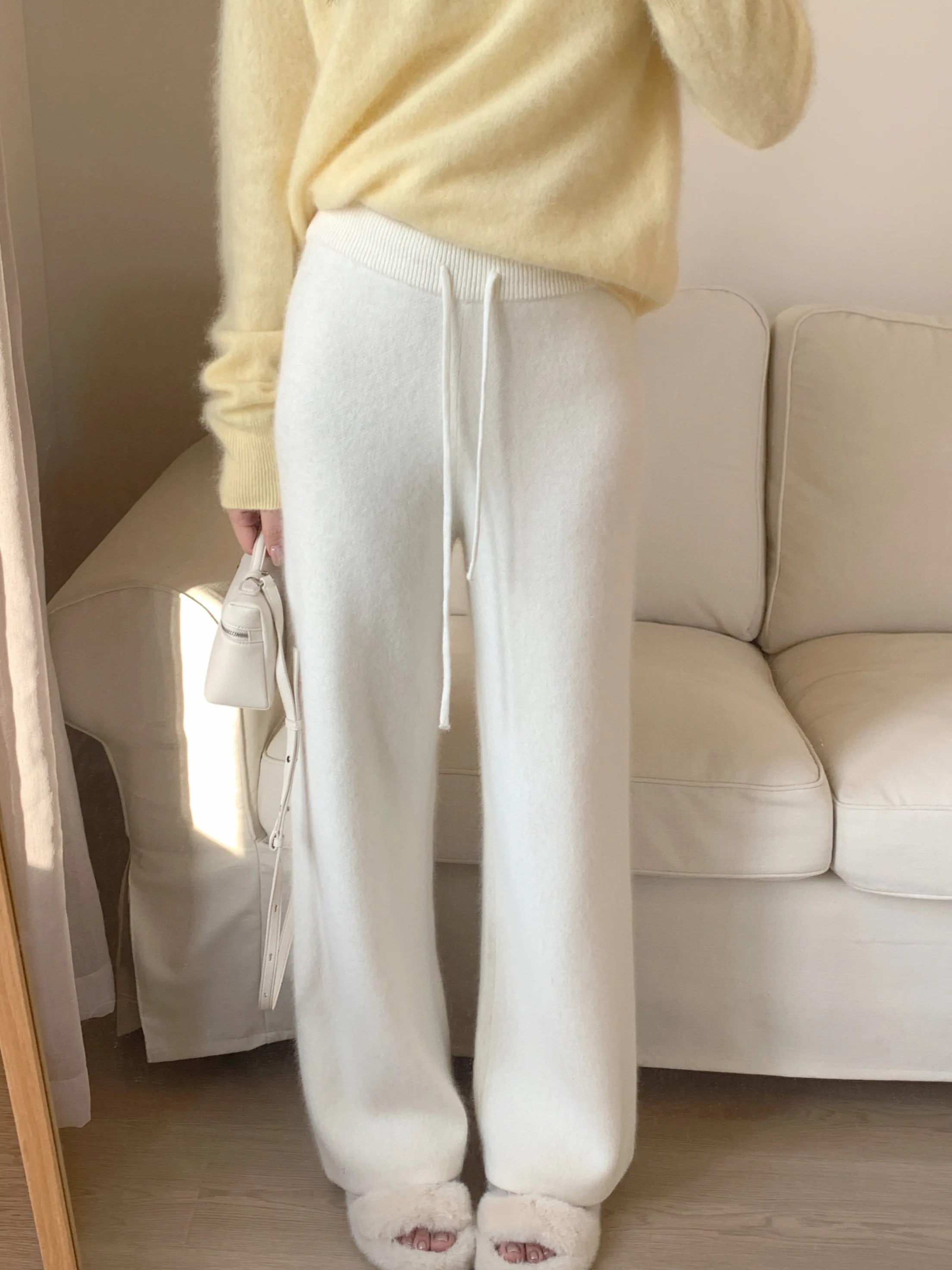 

Women's Knitted Bear Velvet Wide Leg Pants Drawstring Casual Straight Leg Long Trousers Spring Autumn Loose Lazy Style