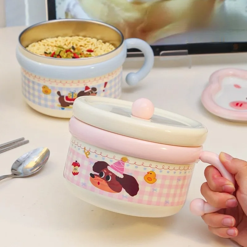 

Kawaii Christmas Ramen Bowl With Lid Spoon Chopsticks Big Stainless Steel Instant Noodles Bowls Cute Fruit Salad Rice Soup Bowl