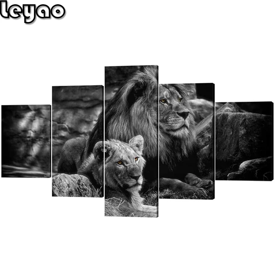 

Lion Diamond Painting Wall Decor 5 Panels White Black Lions Full Diamond Mosaic Animal Embroidery for Living Room Bedroom Decor